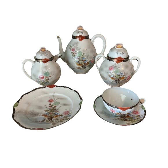 ANTIQUE JAPANESE KUTANI EGGSHELL PORCELAIN RED-CROWNED CRANES/FLORAL 33 PC SET - Picture 1 of 10